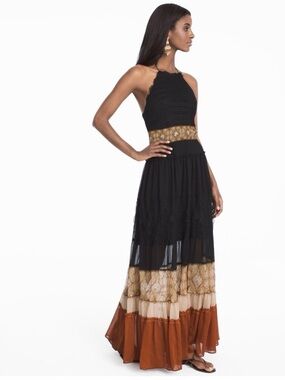 White House Black Market Black Smocked Maxi Halter Dress with Ruffle Trim